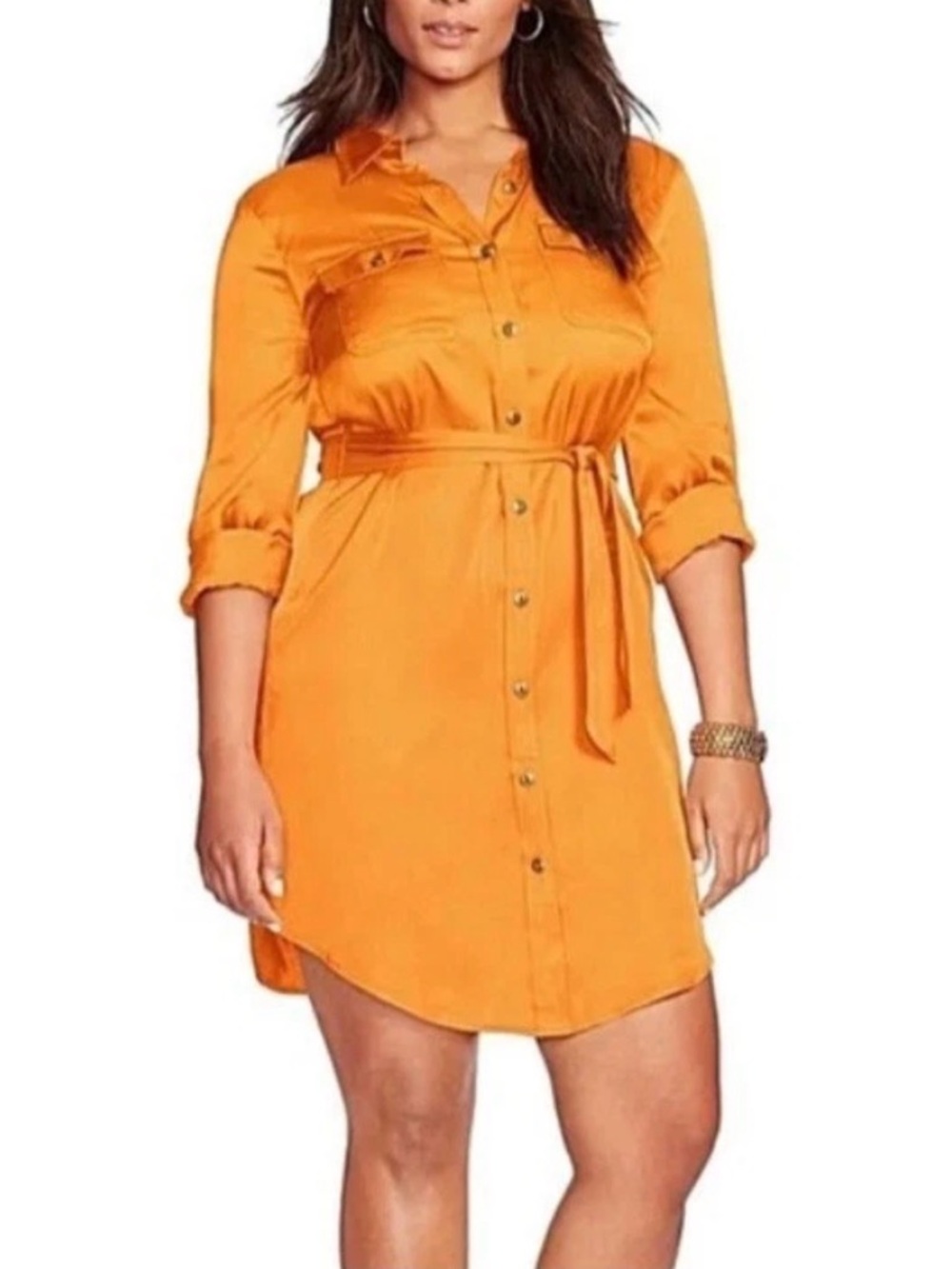 Lauren Ralph Lauren Bright Orange Long Sleeve Shirt Dress with Tie